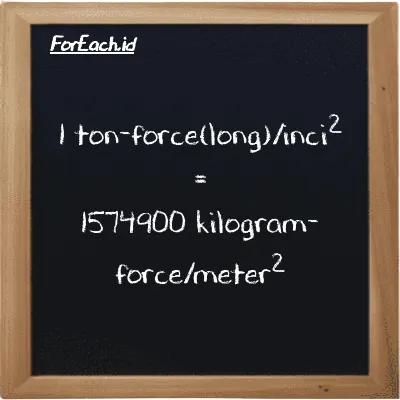 1 ton-force(long)/inci<sup>2</sup> setara dengan 1574900 kilogram-force/meter<sup>2</sup> (1 LT f/in<sup>2</sup> setara dengan 1574900 kgf/m<sup>2</sup>)